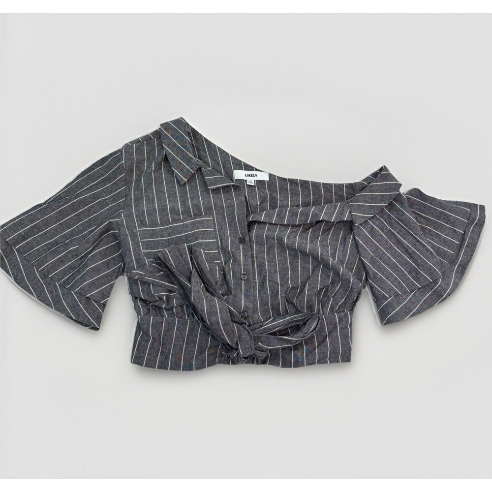 Likely Blouse Womens Size XS Crop Top Off The Shoulder Gray White Stripe